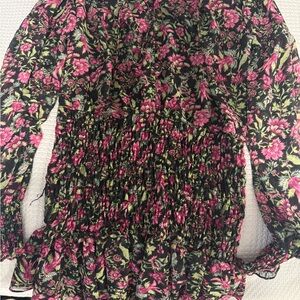 Misa Los Angeles Black Floral Long-Sleeve Shirred Dress with Pink & Green Print